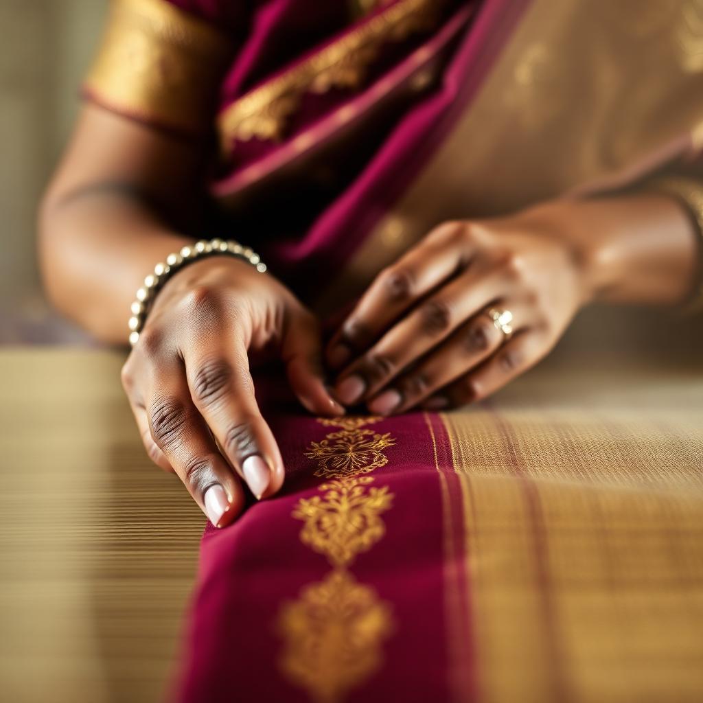 Artisan hands weaving gold zari into maroon silk